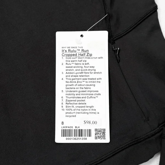 NWT Lululemon It’s Rulu™ Run Cropped Half Zip – Black – Size 8